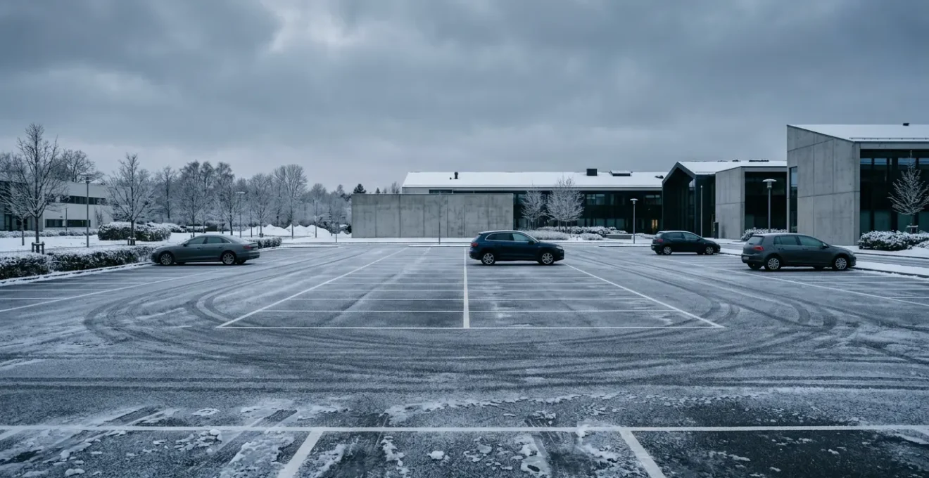 Parking d'entreprise couvert de verglas avec un panneau de danger, vue large montrant l'environnement hivernal