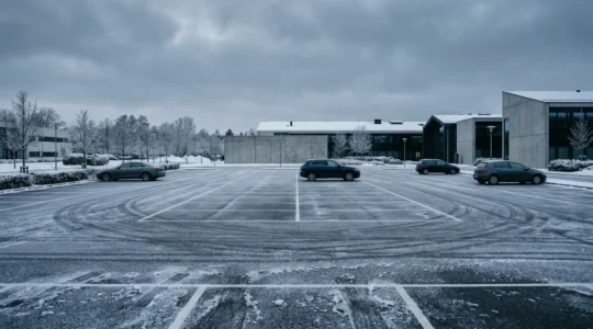 Parking d'entreprise couvert de verglas avec un panneau de danger, vue large montrant l'environnement hivernal