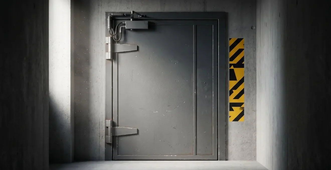 Porte coupe-feu industrielle fermée dans un atelier avec signalétique de sécurité