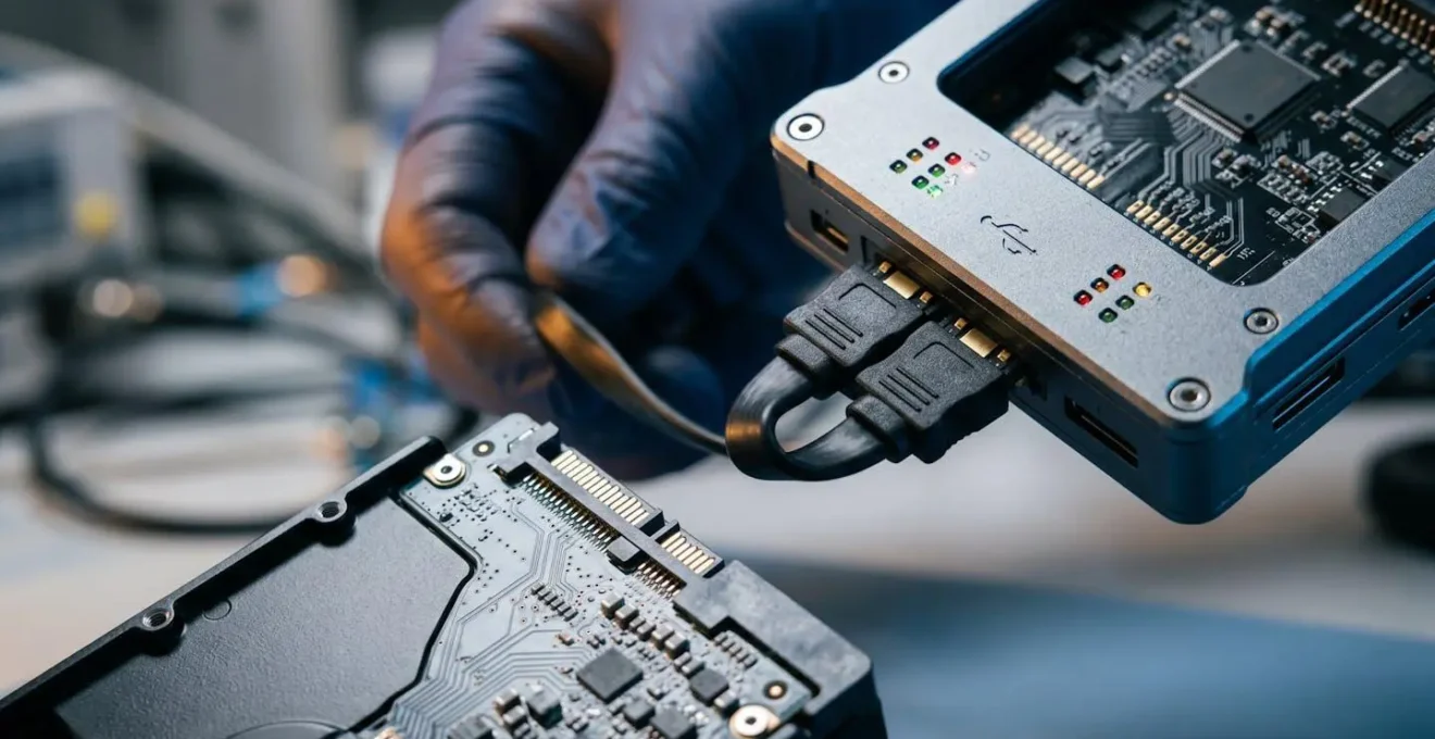 Expert en cybersécurité réalisant une copie forensique de disque dur pour préserver les preuves d'une cyberattaque
