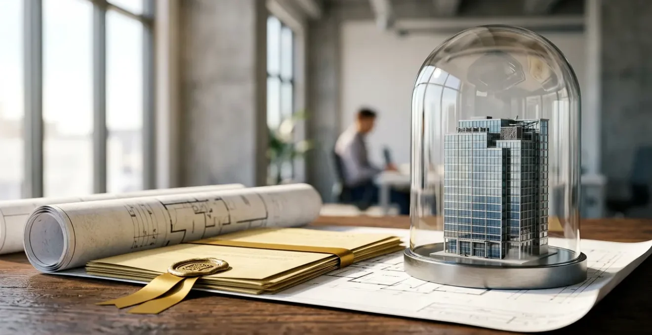 Composition symbolique représentant la sécurité financière d'un investissement immobilier commercial