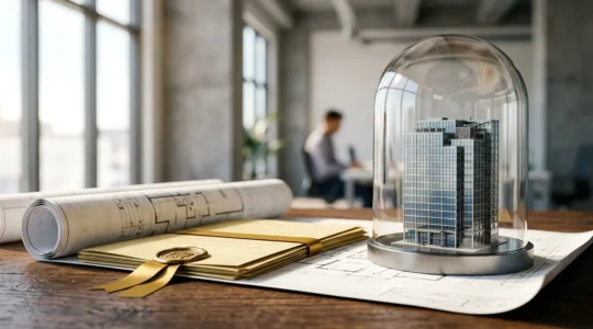 Composition symbolique représentant la sécurité financière d'un investissement immobilier commercial