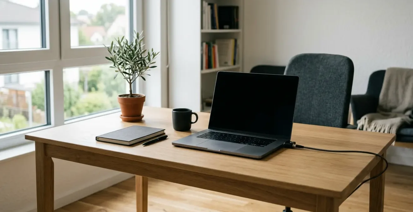Professionnel en télétravail dans un espace de travail sécurisé avec ordinateur portable et dispositifs de protection
