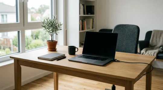 Professionnel en télétravail dans un espace de travail sécurisé avec ordinateur portable et dispositifs de protection
