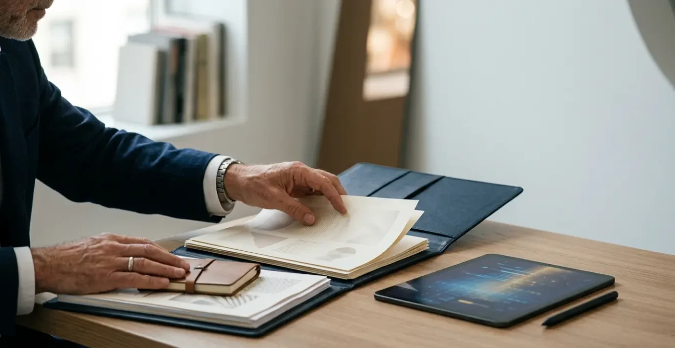 Dirigeant consultant des documents stratégiques dans un bureau moderne avec lumière naturelle