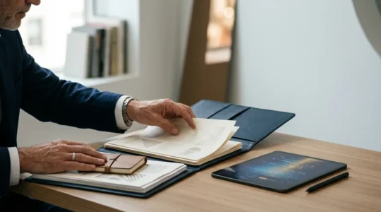 Dirigeant consultant des documents stratégiques dans un bureau moderne avec lumière naturelle