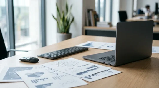 Professionnel examinant des documents de sécurité informatique dans un bureau moderne