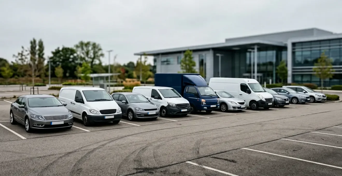 Vue d'ensemble d'un parc de véhicules professionnels alignés devant locaux d'entreprise illustrant le seuil de rentabilité d'un contrat flotte