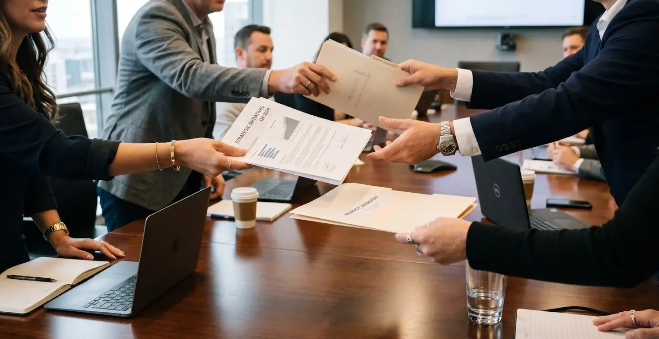 Mains d'associés échangeant des documents lors d'une réunion stratégique