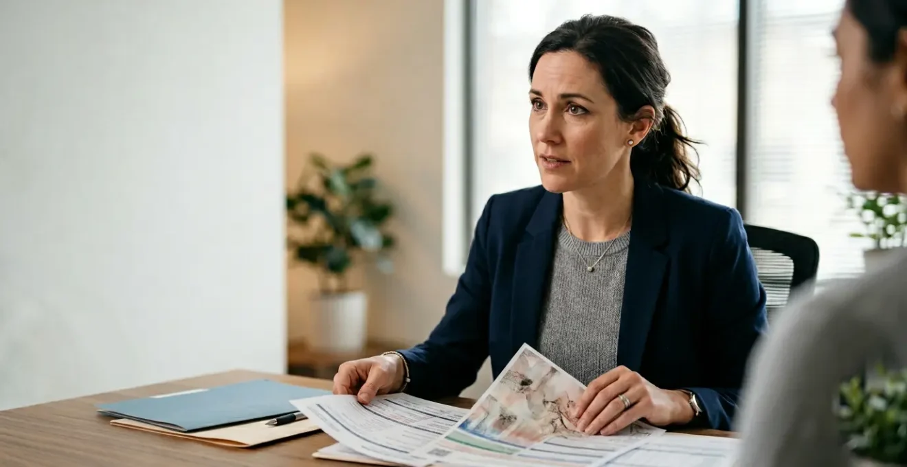 Professionnel de santé ou avocat face à une documentation d'assurance, atmosphère de crise et détermination