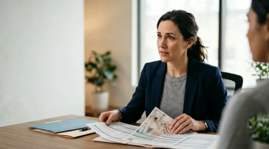 Professionnel de santé ou avocat face à une documentation d'assurance, atmosphère de crise et détermination