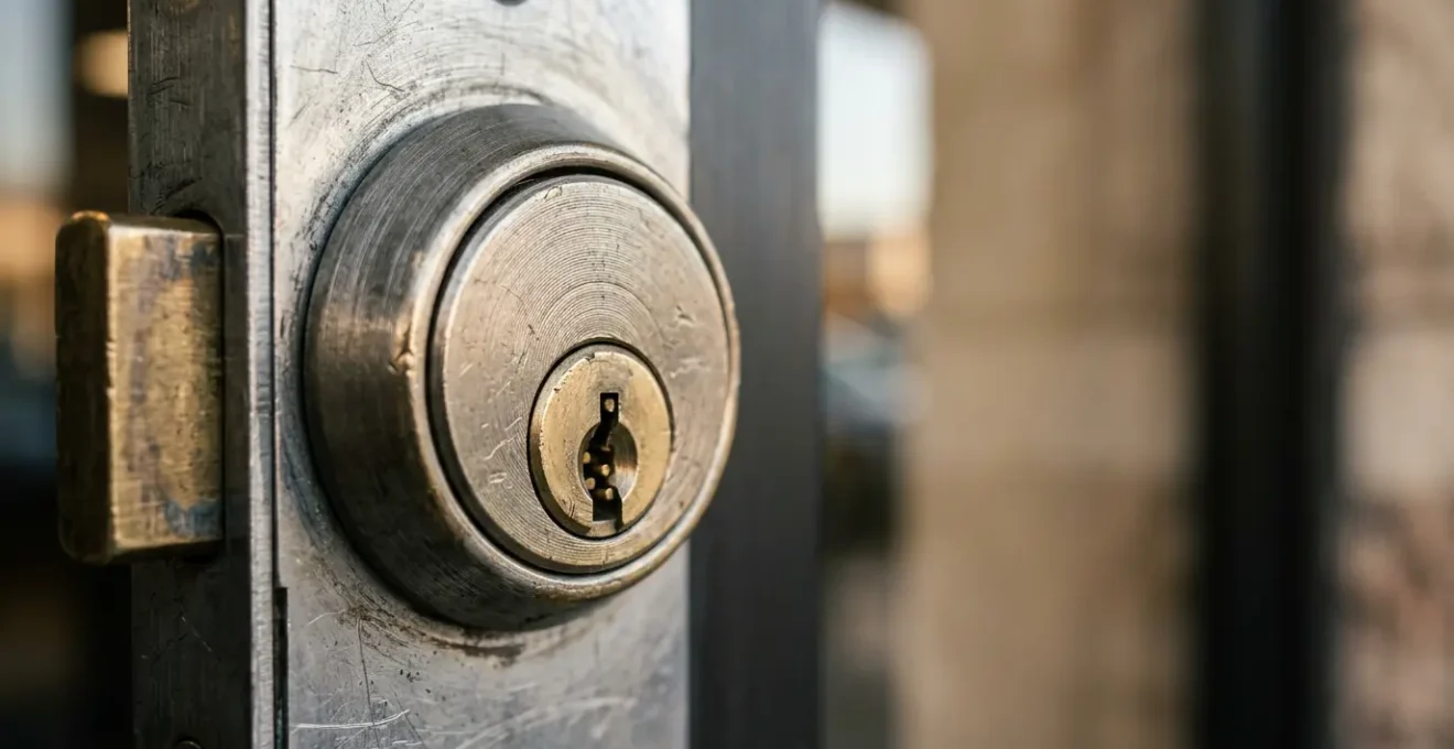 Gros plan sur une serrure haute sécurité certifiée A2P sur une porte de local commercial