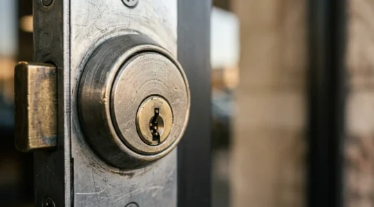 Gros plan sur une serrure haute sécurité certifiée A2P sur une porte de local commercial