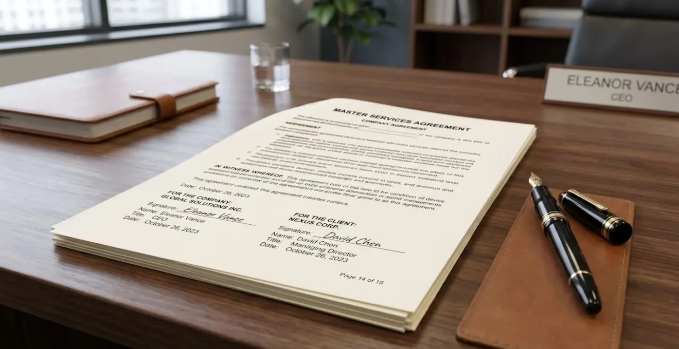 Document juridique d'entreprise prêt à être signé avec stylo professionnel