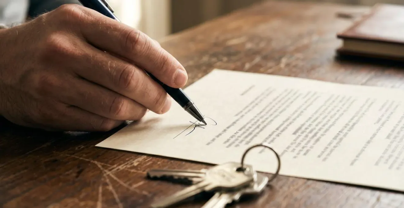 Main tenant un stylo au-dessus d'un document officiel sur une table en bois avec des clés de maison