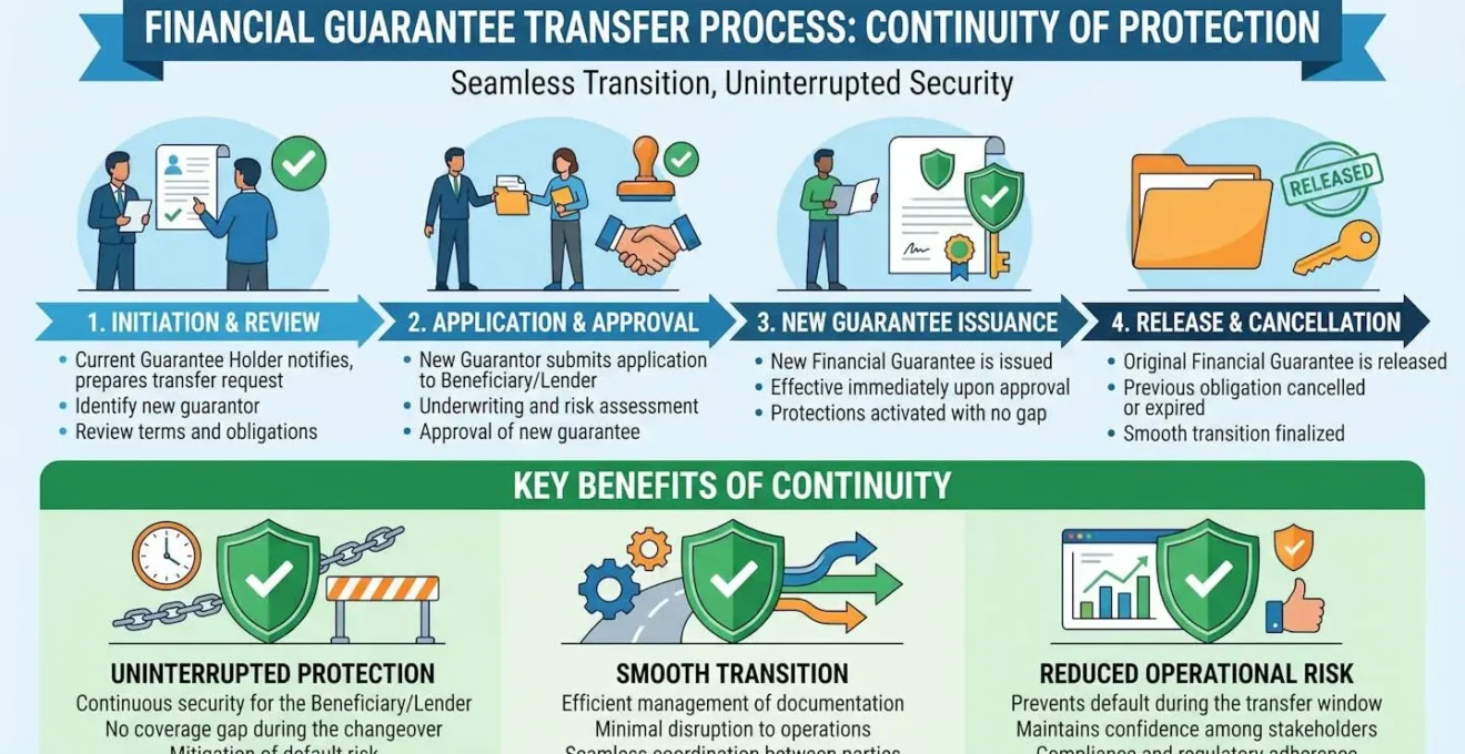 Représentation visuelle du processus de changement de garant financier avec continuité de protection