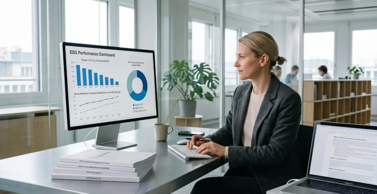 Analyste ESG consultant un tableau de bord de performance extra-financière sur écran dans un bureau contemporain lumineux, avec documents de reporting certifiés au premier plan