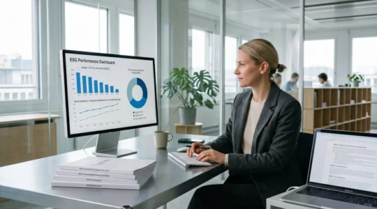 Analyste ESG consultant un tableau de bord de performance extra-financière sur écran dans un bureau contemporain lumineux, avec documents de reporting certifiés au premier plan