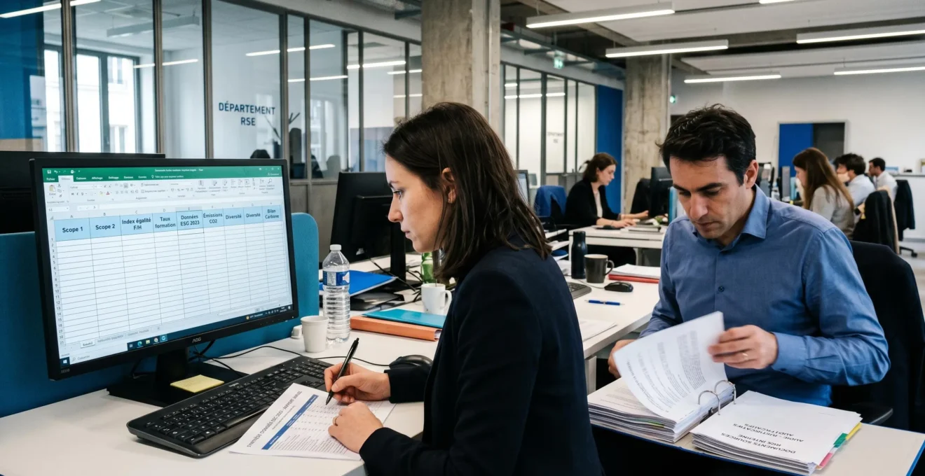 Deux collaborateurs d'une compagnie d'assurance consolidant des données ESG sur tableur structuré dans un open-space moderne, avec indicateurs Scope 1/2 et index égalité visibles à l'écran