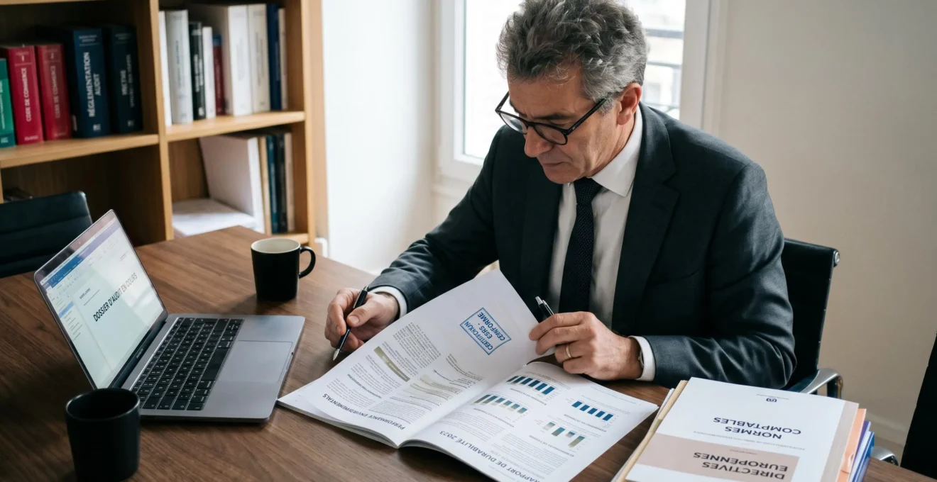 Commissaire aux comptes examinant un rapport de durabilité certifié ESRS sur une table de réunion épurée, avec éclairage latéral créant une ambiance rigoureuse