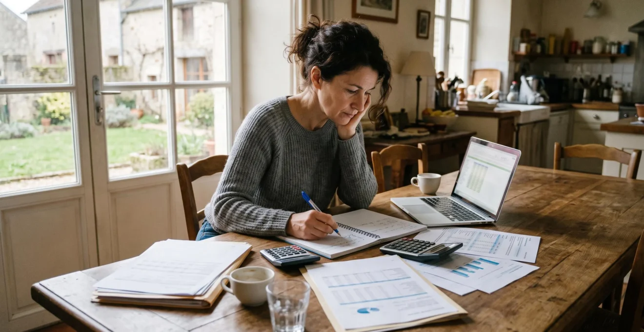 Une personne étudie plusieurs documents de propositions de prêt immobilier à domicile, calculatrice et ordinateur à portée de main.