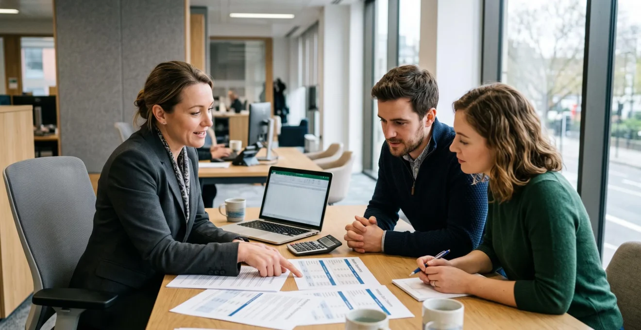 Un conseiller bancaire explique des documents de simulation de crédit immobilier à un jeune couple lors d'un rendez-vous dans une agence, tous trois concentrés sur l'analyse des propositions de financement