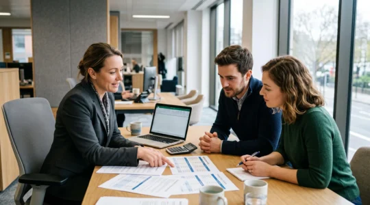 Un conseiller bancaire explique des documents de simulation de crédit immobilier à un jeune couple lors d'un rendez-vous dans une agence, tous trois concentrés sur l'analyse des propositions de financement