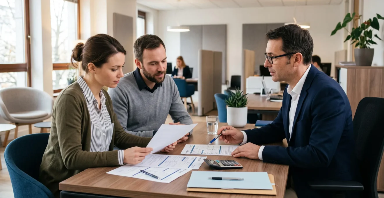 Un couple rencontre un conseiller bancaire dans une agence pour discuter d'une demande de crédit immobilier, documents de prêt sur le bureau.