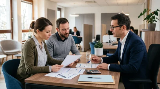Un couple rencontre un conseiller bancaire dans une agence pour discuter d'une demande de crédit immobilier, documents de prêt sur le bureau.