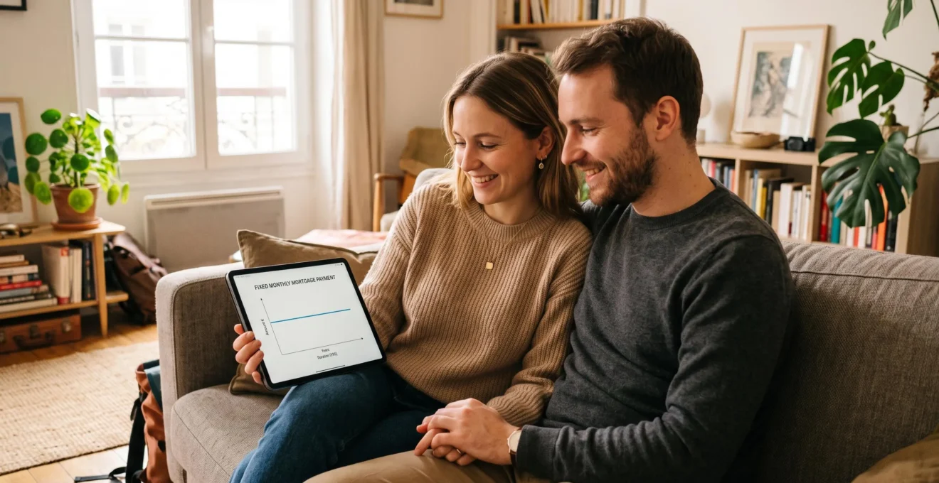 Un jeune couple visite un appartement lumineux accompagné d'un agent immobilier qui présente le bien.
