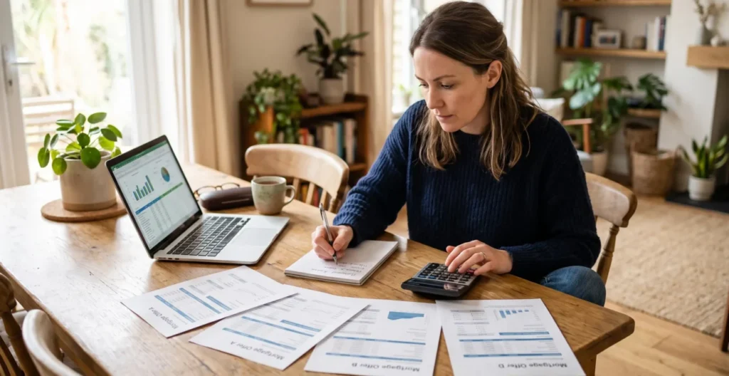 Une personne étudie attentivement plusieurs documents de propositions de prêt immobilier à son domicile, comparant les offres avec une calculatrice et un ordinateur portable sur la table Une personne étudie attentivement plusieurs documents de propositions de prêt immobilier à son domicile, comparant les offres avec une calculatrice et un ordinateur portable sur la table