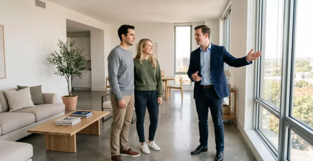 Un jeune couple visite un appartement lumineux et moderne en compagnie d'un agent immobilier qui leur présente l'espace, tous debout dans le salon contemporain baigné de lumière naturelle Un jeune couple visite un appartement lumineux et moderne en compagnie d'un agent immobilier qui leur présente l'espace, tous debout dans le salon contemporain baigné de lumière naturelle